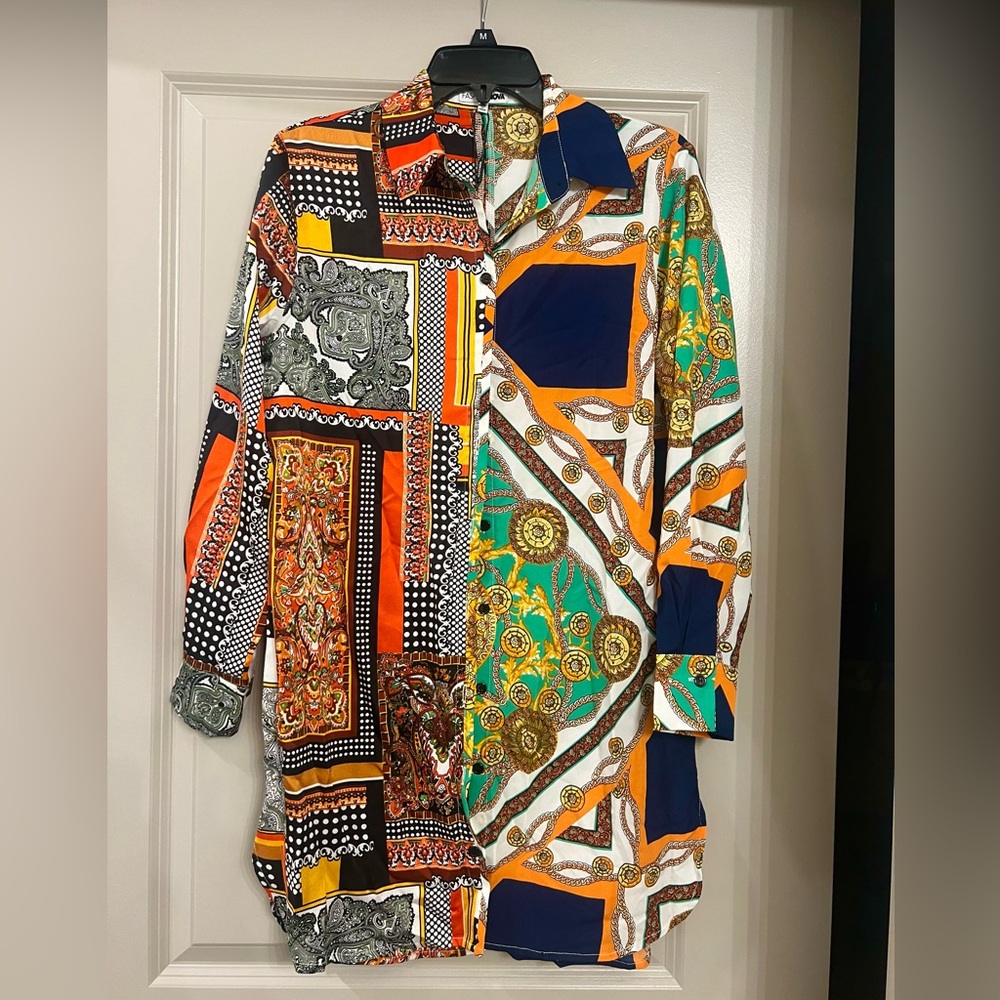 FashionNova Colorful Patchwork Button-Up Shirt